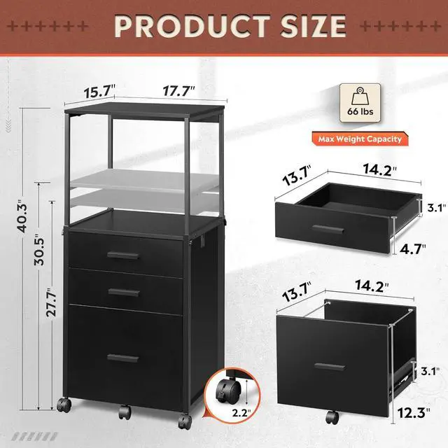 Alt view image 3 of 6 - File Cabinet with Storage Drawers, Rolling Printer Stand with Adjustable Shelves, Wood Filing Cabinet for Home Office, Black