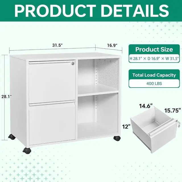 Alt view image 3 of 7 - Mobile File Cabinet, Metal Lateral Rolling Printer Stand Filing Cabinets with Shelves for Home Office-Storage A4/F4/Letter (White)