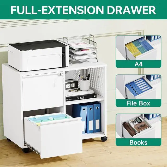 Alt view image 6 of 7 - Mobile File Cabinet, Metal Lateral Rolling Printer Stand Filing Cabinets with Shelves for Home Office-Storage A4/F4/Letter (White)