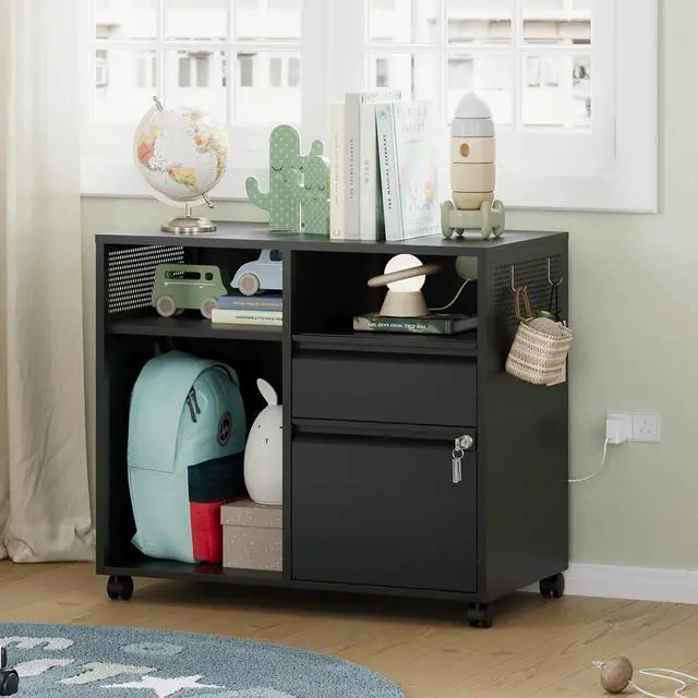Alt view image 2 of 7 - Mobile File Cabinet, Metal Lateral Rolling Printer Stand Filing Cabinets with Shelves for Home Office-Storage A4/F4/Letter (Black)