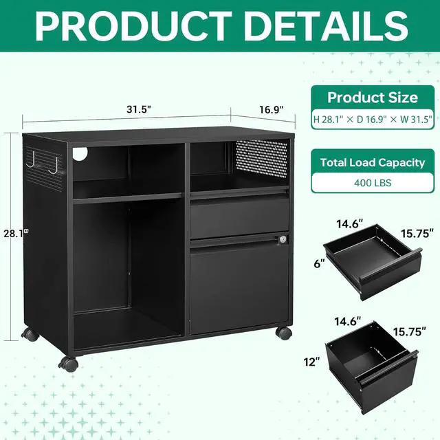 Alt view image 3 of 7 - Mobile File Cabinet, Metal Lateral Rolling Printer Stand Filing Cabinets with Shelves for Home Office-Storage A4/F4/Letter (Black)