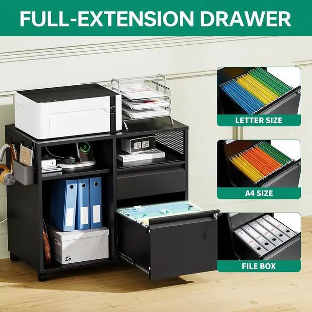 Alt view image 5 of 7 - Mobile File Cabinet, Metal Lateral Rolling Printer Stand Filing Cabinets with Shelves for Home Office-Storage A4/F4/Letter (Black)