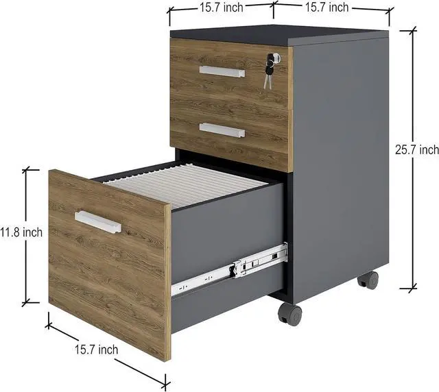 Alt view image 2 of 7 - Modern Dgn Lazio File Cabinet, Filing Cabinets for Home Office, Drawers for Under Desk, Locking 3 Drawer Rolling Wood Filing Cabinet with Lock, Walnut and Black, by Crafts and Comfort