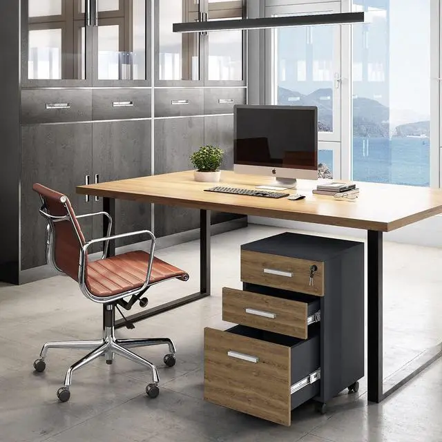 Alt view image 3 of 7 - Modern Dgn Lazio File Cabinet, Filing Cabinets for Home Office, Drawers for Under Desk, Locking 3 Drawer Rolling Wood Filing Cabinet with Lock, Walnut and Black, by Crafts and Comfort