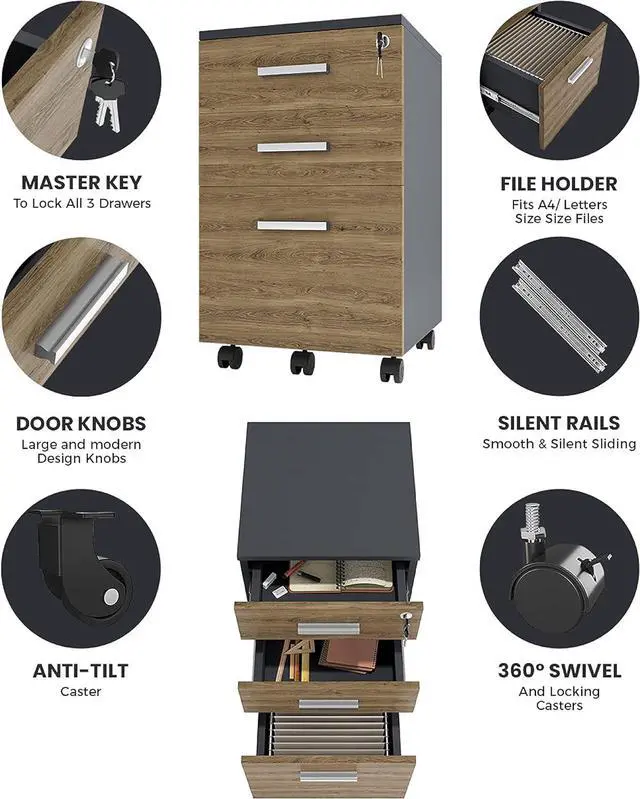 Alt view image 6 of 7 - Modern Dgn Lazio File Cabinet, Filing Cabinets for Home Office, Drawers for Under Desk, Locking 3 Drawer Rolling Wood Filing Cabinet with Lock, Walnut and Black, by Crafts and Comfort