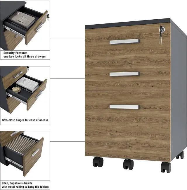Alt view image 7 of 7 - Modern Dgn Lazio File Cabinet, Filing Cabinets for Home Office, Drawers for Under Desk, Locking 3 Drawer Rolling Wood Filing Cabinet with Lock, Walnut and Black, by Crafts and Comfort