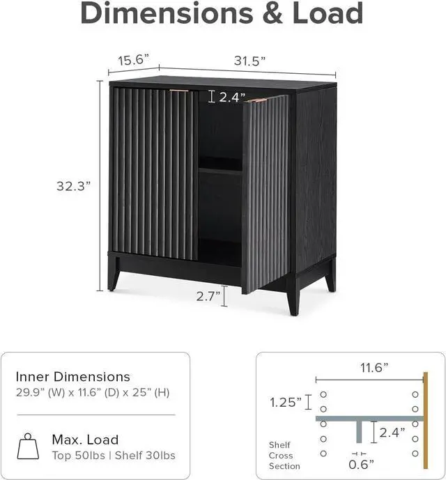 Alt view image 2 of 7 - Brooklyn Storage Cabinet, Modern Farmhouse Entryway Accent Case, Buffet Sideboard, Console Table, Credenza, Wood Modular Organizer with Doors & Shelf, Fluted Panel Cupboard (Black, Single)