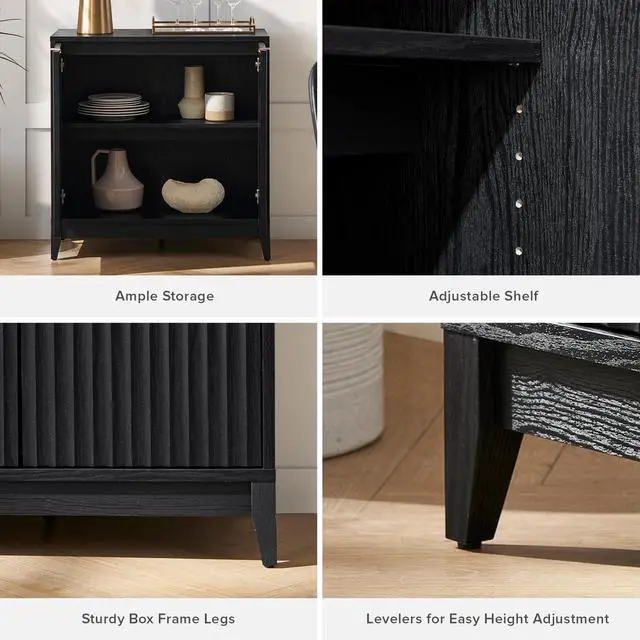 Alt view image 4 of 7 - Brooklyn Storage Cabinet, Modern Farmhouse Entryway Accent Case, Buffet Sideboard, Console Table, Credenza, Wood Modular Organizer with Doors & Shelf, Fluted Panel Cupboard (Black, Single)