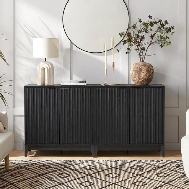Alt view image 5 of 7 - Brooklyn Storage Cabinet, Modern Farmhouse Entryway Accent Case, Buffet Sideboard, Console Table, Credenza, Wood Modular Organizer with Doors & Shelf, Fluted Panel Cupboard (Black, Single)