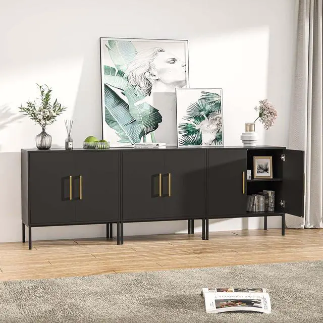 Main image of Storage Cabinet with Doors, Set of 3, Modern Buffet Cabinet with Storage, Kitchen Sideboard Buffet, Black Wood Accent Cabinet for Living Room, Bedroom, Hallway, Entryway, Office, Black