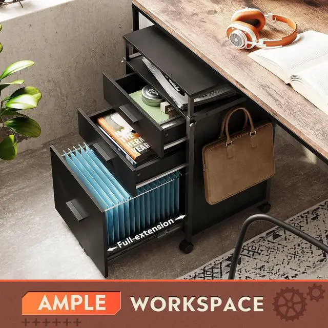 Alt view image 4 of 6 - File Cabinet with Storage Drawers, Rolling Printer Stand with Adjustable Shelves, Wood Filing Cabinet for Home Office, Black