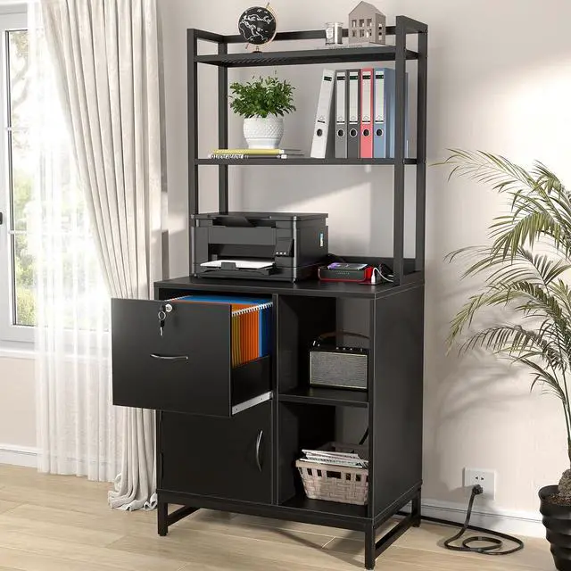 Main image of Vertical Filing Cabinet with Lock & Charging Station, Large Drawer Wood File Cabinet with Bookshelf, Printer Stand with Open Storage Shelf, fits Letter Size for Home Office, Black