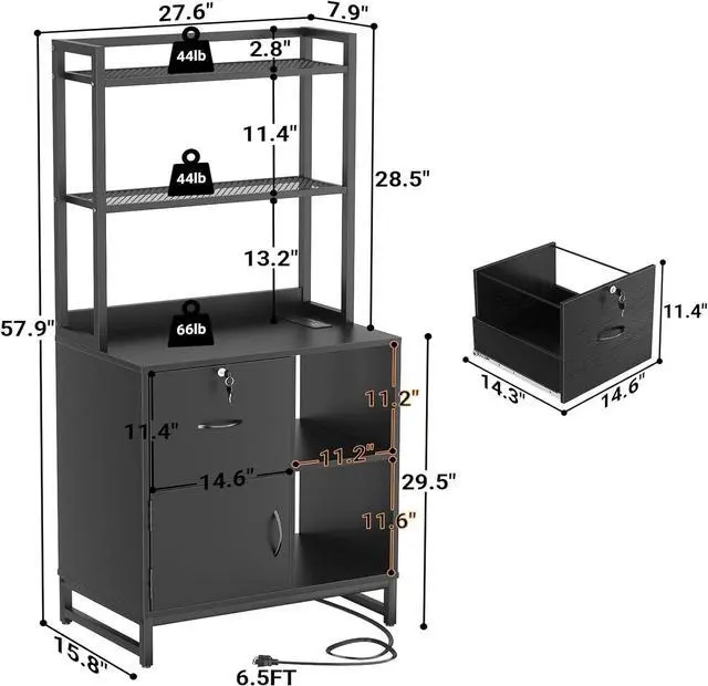 Alt view image 2 of 7 - Vertical Filing Cabinet with Lock & Charging Station, Large Drawer Wood File Cabinet with Bookshelf, Printer Stand with Open Storage Shelf, fits Letter Size for Home Office, Black