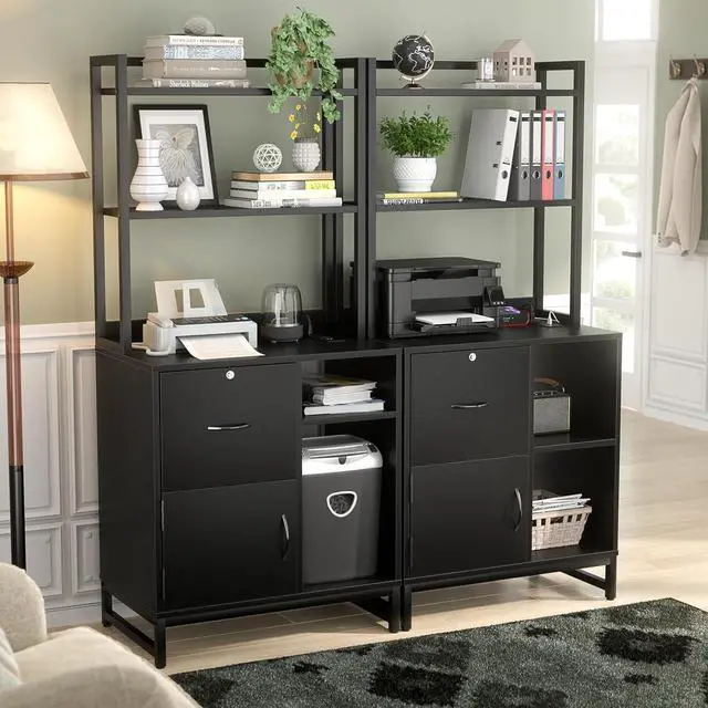 Alt view image 4 of 7 - Vertical Filing Cabinet with Lock & Charging Station, Large Drawer Wood File Cabinet with Bookshelf, Printer Stand with Open Storage Shelf, fits Letter Size for Home Office, Black