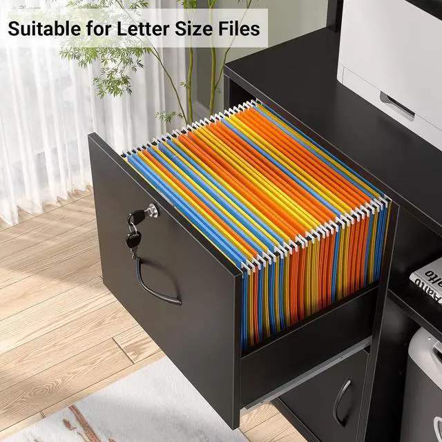 Alt view image 5 of 7 - Vertical Filing Cabinet with Lock & Charging Station, Large Drawer Wood File Cabinet with Bookshelf, Printer Stand with Open Storage Shelf, fits Letter Size for Home Office, Black