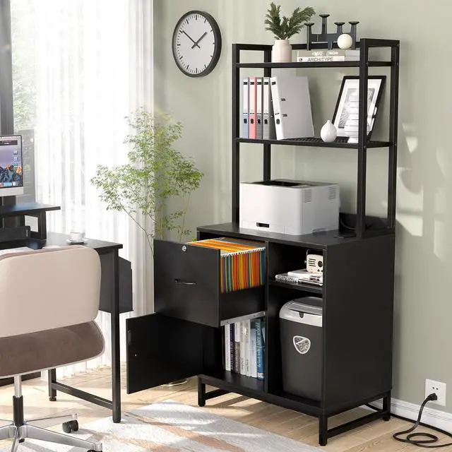 Alt view image 6 of 7 - Vertical Filing Cabinet with Lock & Charging Station, Large Drawer Wood File Cabinet with Bookshelf, Printer Stand with Open Storage Shelf, fits Letter Size for Home Office, Black
