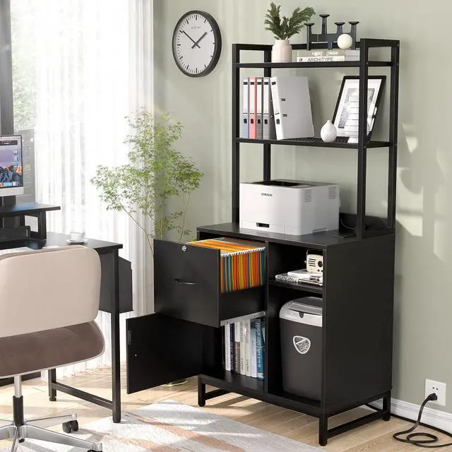 Alt view image 7 of 7 - Vertical Filing Cabinet with Lock & Charging Station, Large Drawer Wood File Cabinet with Bookshelf, Printer Stand with Open Storage Shelf, fits Letter Size for Home Office, Black