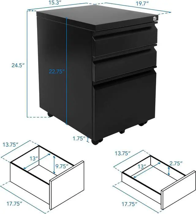 Alt view image 3 of 7 - 3 Drawer File Cabinet with Lock and Wheels, Under Desk Storage Filing Pedestal for Home Office, No Assembly Small Rolling File Cabinet for Legal, Letter, and A4 Files in Black