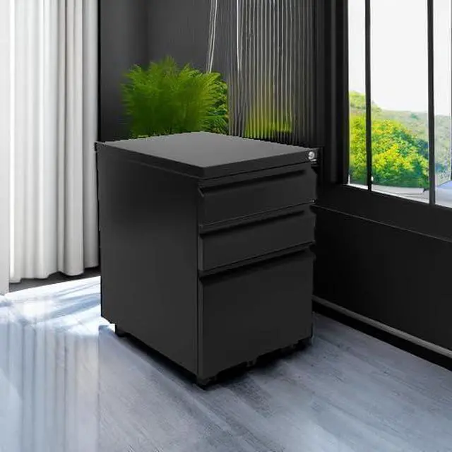 Alt view image 6 of 7 - 3 Drawer File Cabinet with Lock and Wheels, Under Desk Storage Filing Pedestal for Home Office, No Assembly Small Rolling File Cabinet for Legal, Letter, and A4 Files in Black