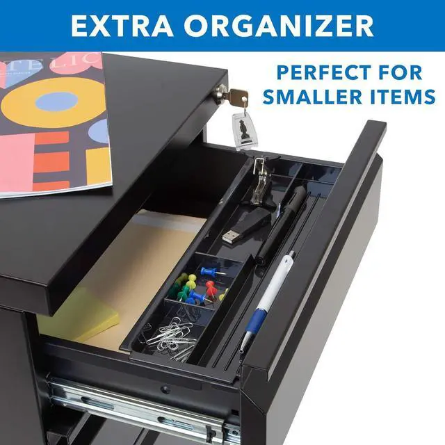 Alt view image 5 of 7 - 3 Drawer File Cabinet with Lock and Wheels, Under Desk Storage Filing Pedestal for Home Office, No Assembly Small Rolling File Cabinet for Legal, Letter, and A4 Files in Black