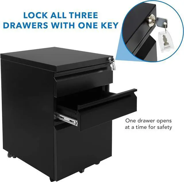 Alt view image 7 of 7 - 3 Drawer File Cabinet with Lock and Wheels, Under Desk Storage Filing Pedestal for Home Office, No Assembly Small Rolling File Cabinet for Legal, Letter, and A4 Files in Black