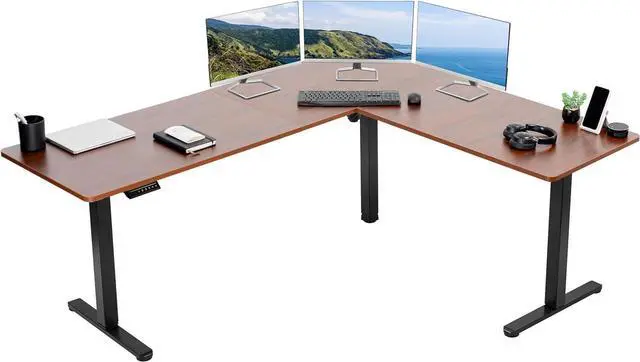 Main image of Electric Corner L-Shaped 75 x 63 in Standing Desk, Memory Height Adjustment, Dark Walnut Top Black Frame, DESK-E3CTD-75