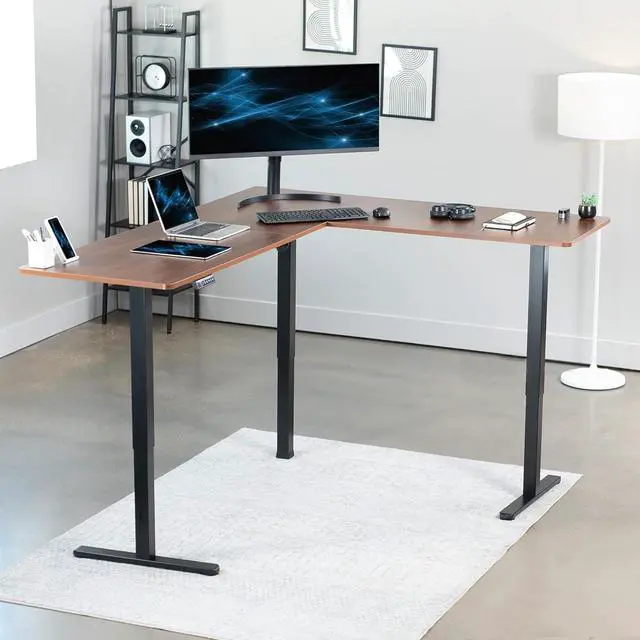 Alt view image 2 of 7 - Electric Corner L-Shaped 75 x 63 in Standing Desk, Memory Height Adjustment, Dark Walnut Top Black Frame, DESK-E3CTD-75