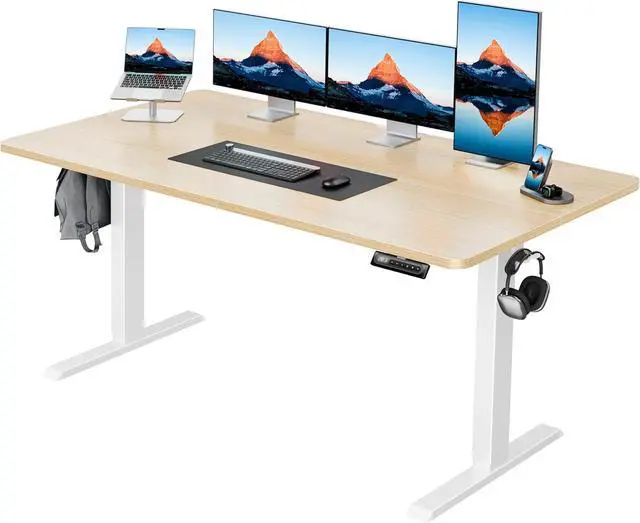 Main image of 55" x 28" Electric Standing Desk Adjustable Height, 4 Memory Height Settings, Headphone Hook, Cable Manager, Sit Stand Up Desk for Home Office & Computer Workstation, Nature