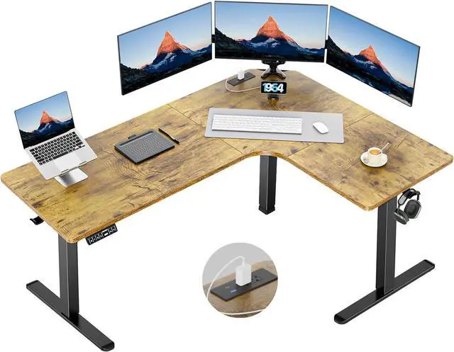 Main image of 63 Dual Motor L-Shaped Standing Desk, Built-in Power Outlets, Electric Height Adjustable Corner Computer Desk, Large Power Strip Holder, Sit Stand Up Desk with 3 Preset Heights, Vintage Brown