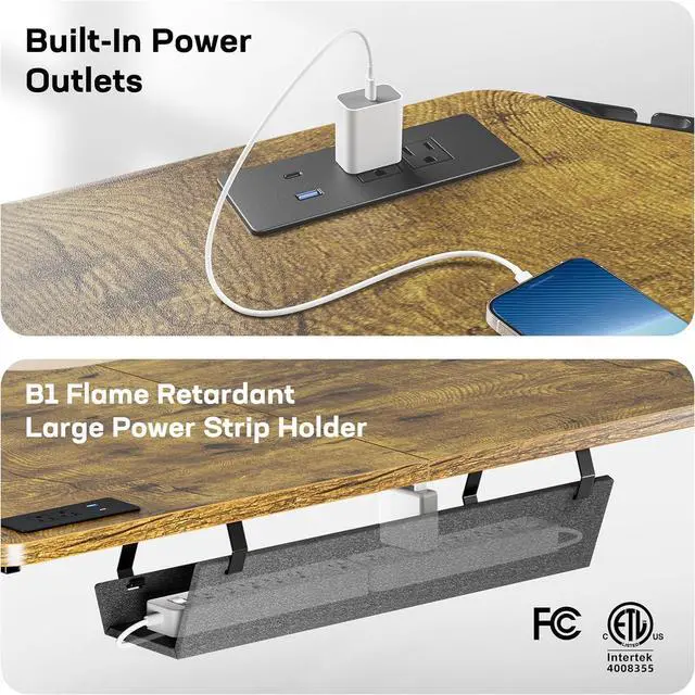 Alt view image 4 of 7 - 63 Dual Motor L-Shaped Standing Desk, Built-in Power Outlets, Electric Height Adjustable Corner Computer Desk, Large Power Strip Holder, Sit Stand Up Desk with 3 Preset Heights, Vintage Brown