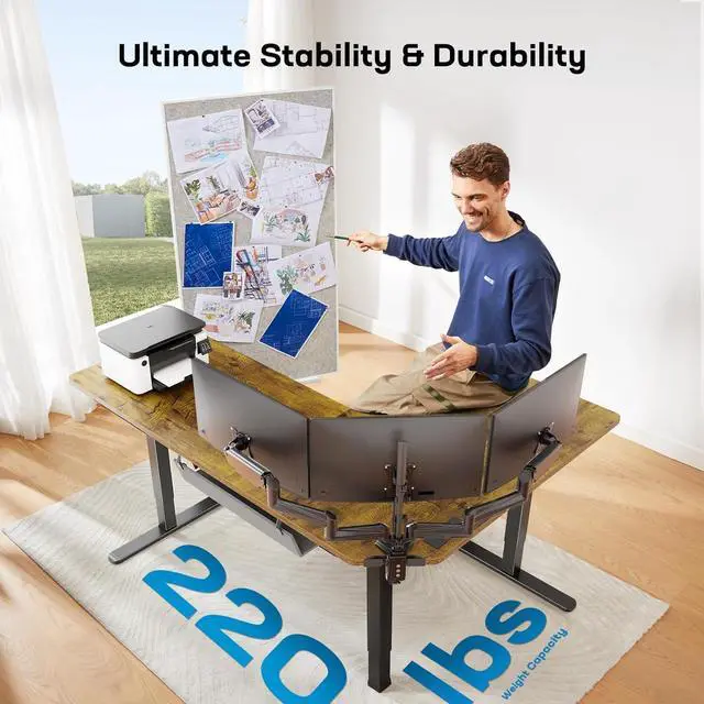 Alt view image 6 of 7 - 63 Dual Motor L-Shaped Standing Desk, Built-in Power Outlets, Electric Height Adjustable Corner Computer Desk, Large Power Strip Holder, Sit Stand Up Desk with 3 Preset Heights, Vintage Brown