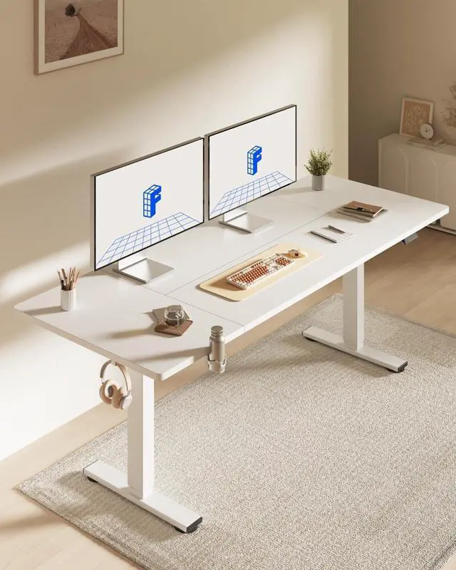 Alt view image 2 of 7 - 79 x 32 Inch Large Standing Desk, Stand Up Desk with Splice Board, Rising Desks for Home Office, Office Desk with Cup Holder and Headphone Hook (White Frame + White Top, 2 kages)