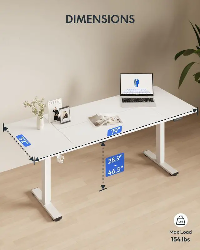 Alt view image 3 of 7 - 79 x 32 Inch Large Standing Desk, Stand Up Desk with Splice Board, Rising Desks for Home Office, Office Desk with Cup Holder and Headphone Hook (White Frame + White Top, 2 kages)