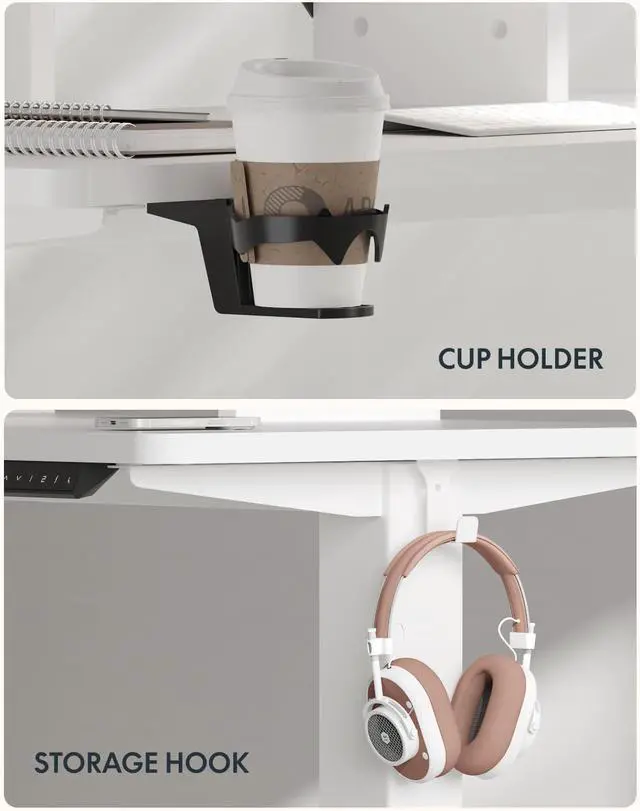 Alt view image 6 of 7 - FLEXISPOT Standing Desk with Monitor Stand, 55 x 24 Inches One-Piece Electric Height Adjustable Computer Desk with Cup Holder, Home Office Desks (White Frame+ White Top)