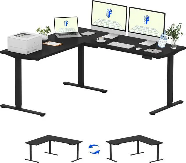 Main image of FLEXISPOT L Shaped Standing Desk, 71 x 63 Inch Electric Height Adjustable Corner Desk, Sit Stand Computer Workstation, Preset Controller, Home Office, Black Frame with Black Top