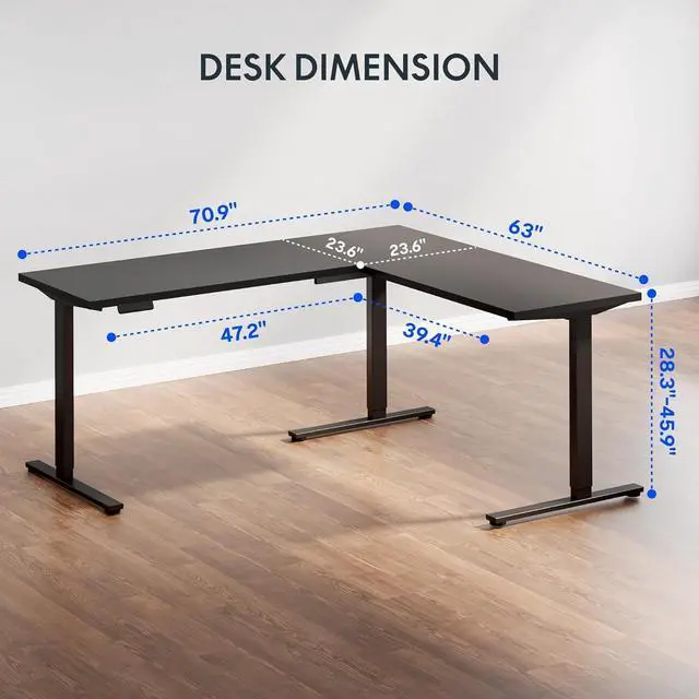 Alt view image 3 of 7 - FLEXISPOT L Shaped Standing Desk, 71 x 63 Inch Electric Height Adjustable Corner Desk, Sit Stand Computer Workstation, Preset Controller, Home Office, Black Frame with Black Top