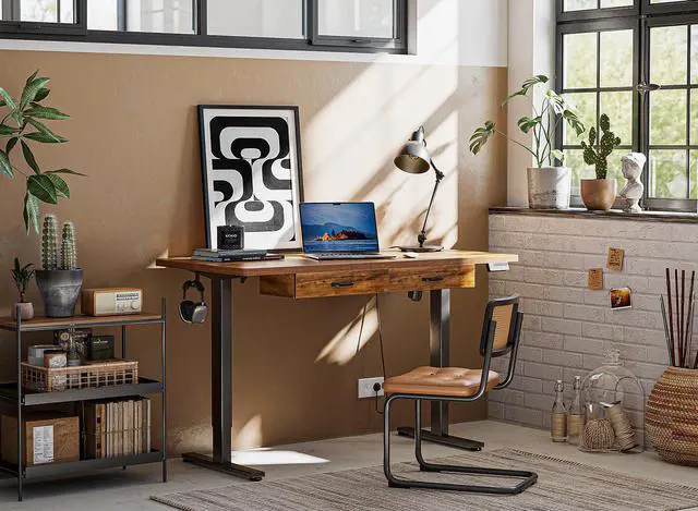 Alt view image 2 of 7 - Standing Desk with Double Drawer, 48x 24 Inches Adjustable Height Electric Stand up Desk, Ergonomic Workstation Black Frame/Fir Brown Top
