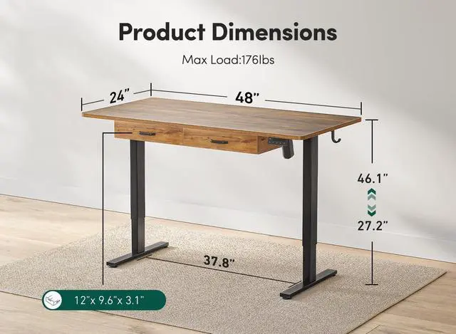 Alt view image 3 of 7 - Standing Desk with Double Drawer, 48x 24 Inches Adjustable Height Electric Stand up Desk, Ergonomic Workstation Black Frame/Fir Brown Top