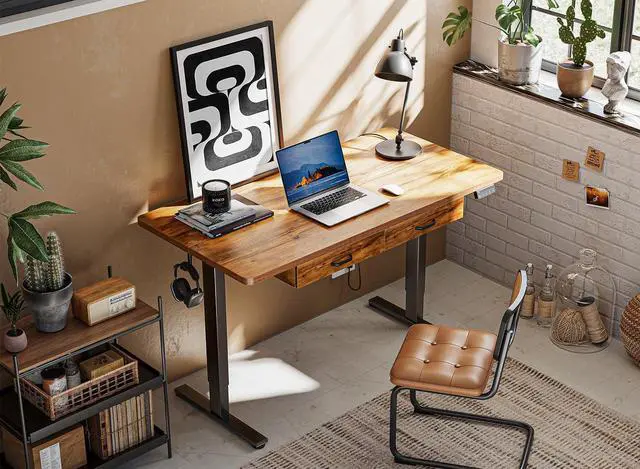 Alt view image 6 of 7 - Standing Desk with Double Drawer, 48x 24 Inches Adjustable Height Electric Stand up Desk, Ergonomic Workstation Black Frame/Fir Brown Top