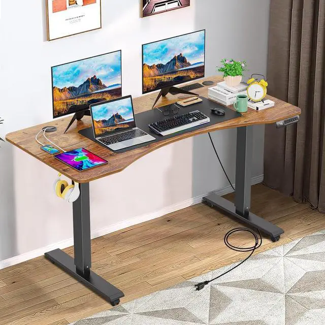 Alt view image 4 of 7 - 55 x 24 inch Standing Desk Electric Adjustable Height with Charging Station, Stand up Desk with Oversized Mouse Pad, Ergonomic Curved Workstation, 4 Caster, 4 Preset Heights Easy to SetBrown