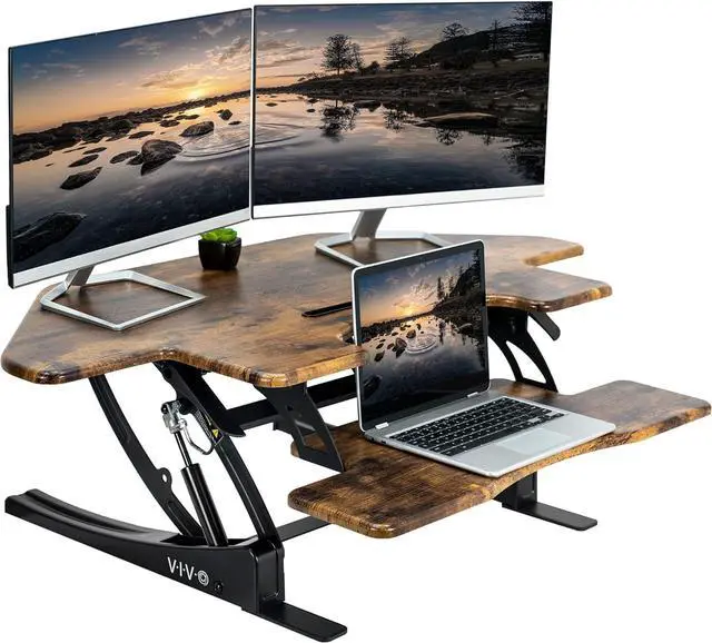 Main image of 43 inch Corner Height Adjustable Cubicle Stand Up Desk Converter, V Series, Quick Sit to Stand Tabletop Dual Monitor Riser Workstation, Rustic Vintage Brown, DESK-V000VCN