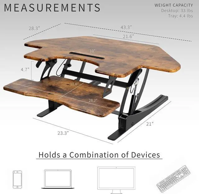 Alt view image 3 of 7 - 43 inch Corner Height Adjustable Cubicle Stand Up Desk Converter, V Series, Quick Sit to Stand Tabletop Dual Monitor Riser Workstation, Rustic Vintage Brown, DESK-V000VCN