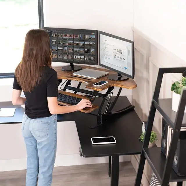 Alt view image 4 of 7 - 43 inch Corner Height Adjustable Cubicle Stand Up Desk Converter, V Series, Quick Sit to Stand Tabletop Dual Monitor Riser Workstation, Rustic Vintage Brown, DESK-V000VCN