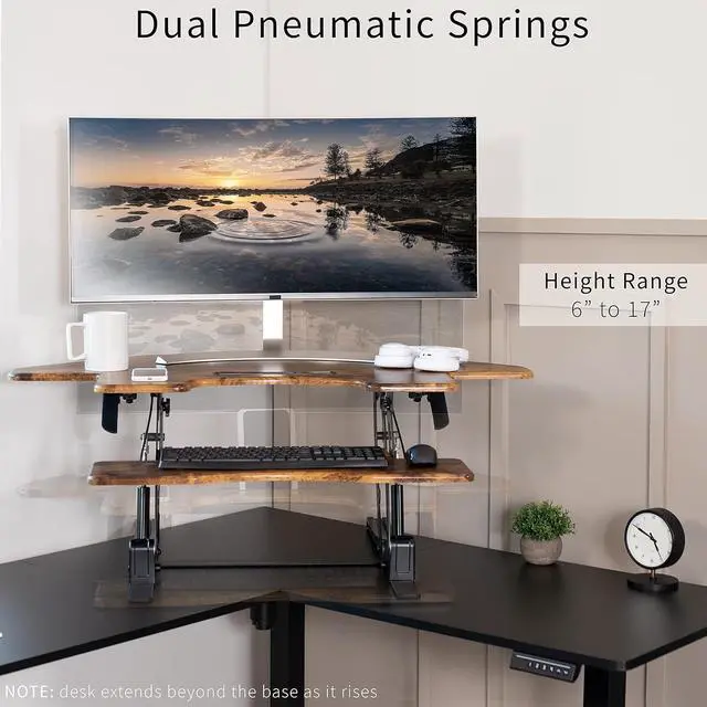 Alt view image 5 of 7 - 43 inch Corner Height Adjustable Cubicle Stand Up Desk Converter, V Series, Quick Sit to Stand Tabletop Dual Monitor Riser Workstation, Rustic Vintage Brown, DESK-V000VCN