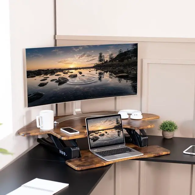 Alt view image 6 of 7 - 43 inch Corner Height Adjustable Cubicle Stand Up Desk Converter, V Series, Quick Sit to Stand Tabletop Dual Monitor Riser Workstation, Rustic Vintage Brown, DESK-V000VCN