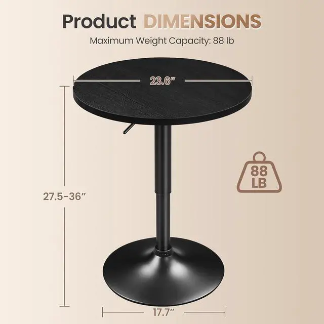 Alt view image 3 of 7 - Round Bar Table, Adjustable Height and 360° Swivel Bar Tables, Cocktail Table with MDF Top, Black Leg Base for Bar, Bistro, Café, Full Black