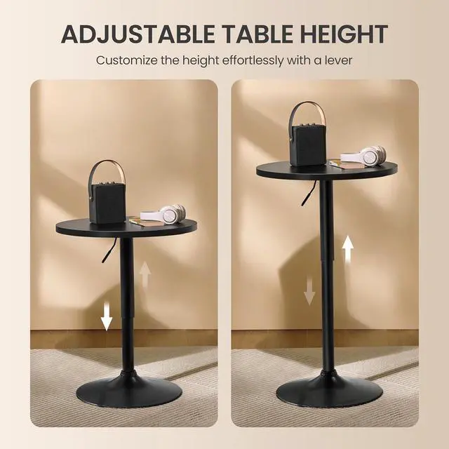 Alt view image 5 of 7 - Round Bar Table, Adjustable Height and 360° Swivel Bar Tables, Cocktail Table with MDF Top, Black Leg Base for Bar, Bistro, Café, Full Black