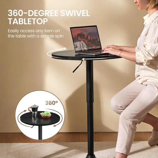 Alt view image 6 of 7 - Round Bar Table, Adjustable Height and 360° Swivel Bar Tables, Cocktail Table with MDF Top, Black Leg Base for Bar, Bistro, Café, Full Black