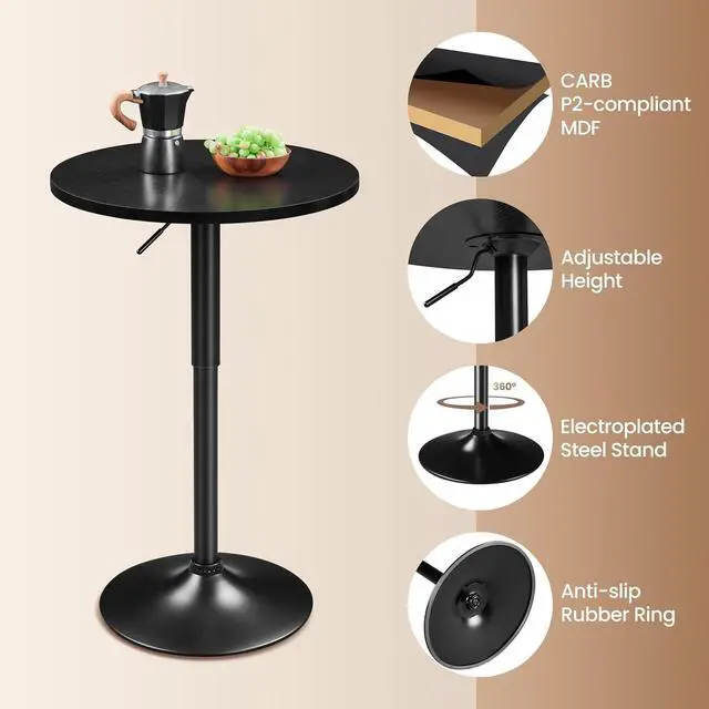 Alt view image 7 of 7 - Round Bar Table, Adjustable Height and 360° Swivel Bar Tables, Cocktail Table with MDF Top, Black Leg Base for Bar, Bistro, Café, Full Black