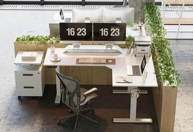 Alt view image 2 of 7 - Triple Motor L-Shaped Electric Standing Desk, 63 Inches Height Adjustable Stand up Corner Desk, Sit Stand Workstation with Splice Board, White Frame/White Top